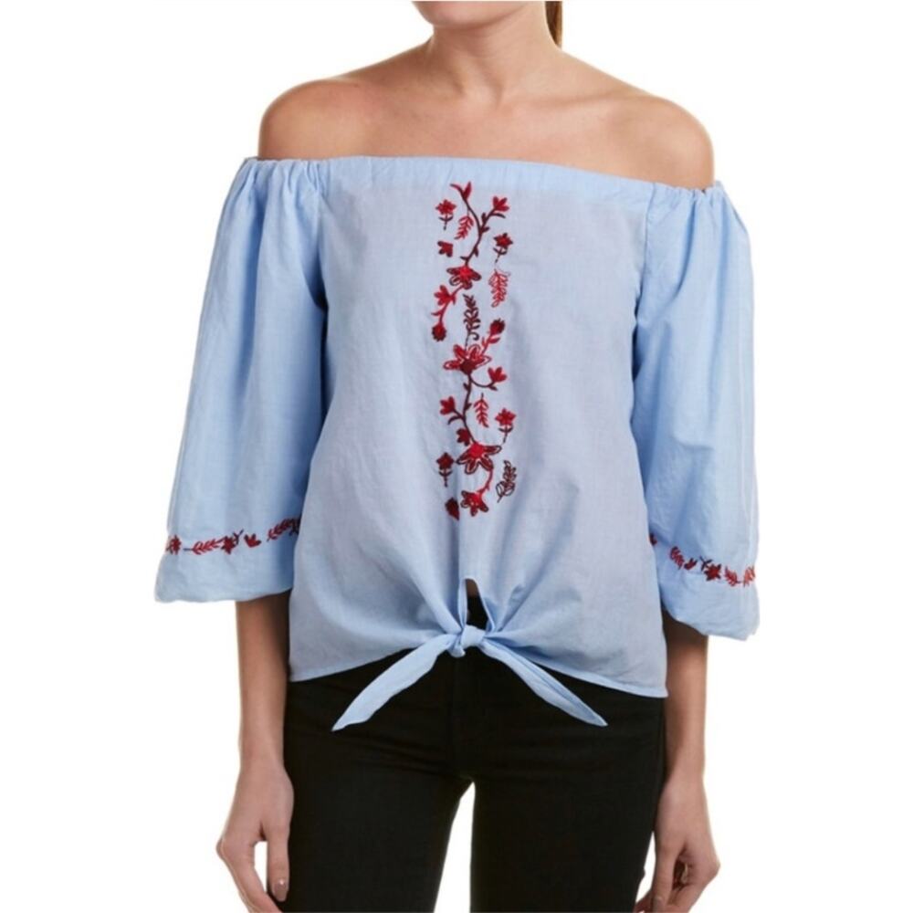 beachlunchlounge Blue Off Shoulder Balloon Sleeve Embroidered Peasant Top Size S